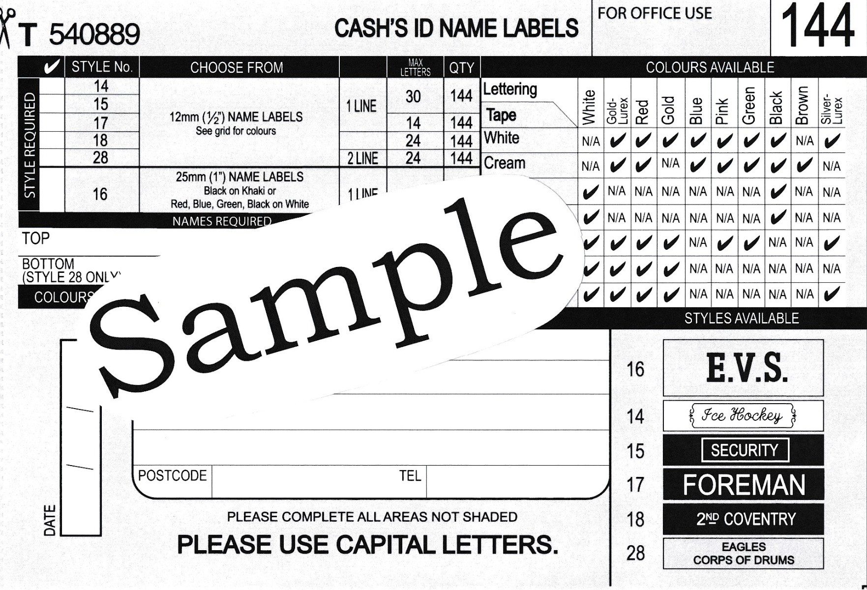 Cash's Name Tapes Order Cards 144 -